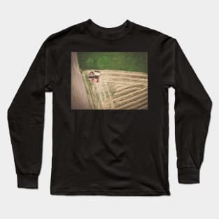 Aerial view of combine-harvester and tractor working in the field Long Sleeve T-Shirt